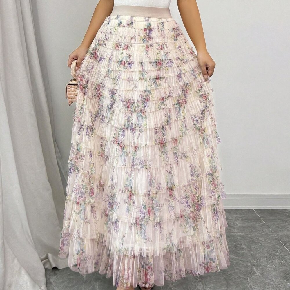 Ultra Pink Tiered Ruffle Tulle Midi/Maxi Skirt